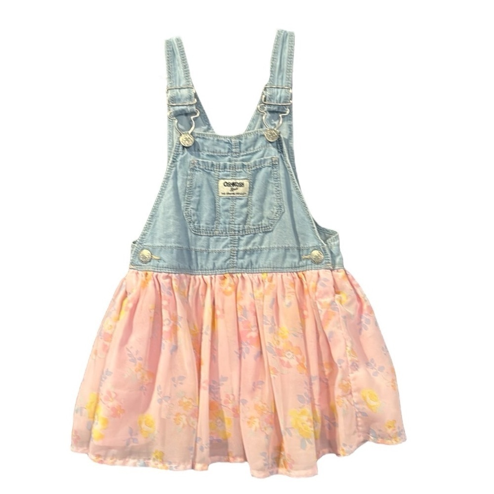 Oshkosh, toddler, girl pink and blue denim overall dress chiffon skirt floral 3T